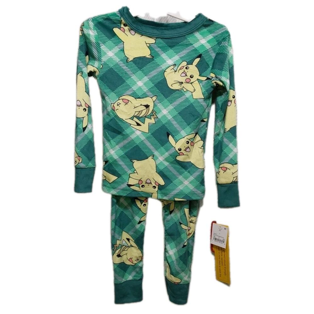 Boys Pokemon Size 4 Green Fleece Pikachu Long Sleeve Pajama Set